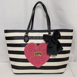 Luv Betsey Johnson Black White Striped Glitter Pink Heart Bow Tote Bag